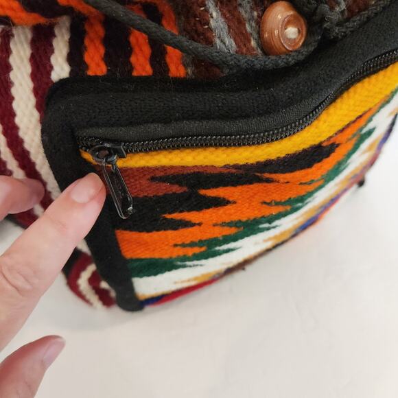 Peruvian Wool Red Black Aztec Print Lined Backpack Boho Hippie Retro Western - Picture 8 of 12